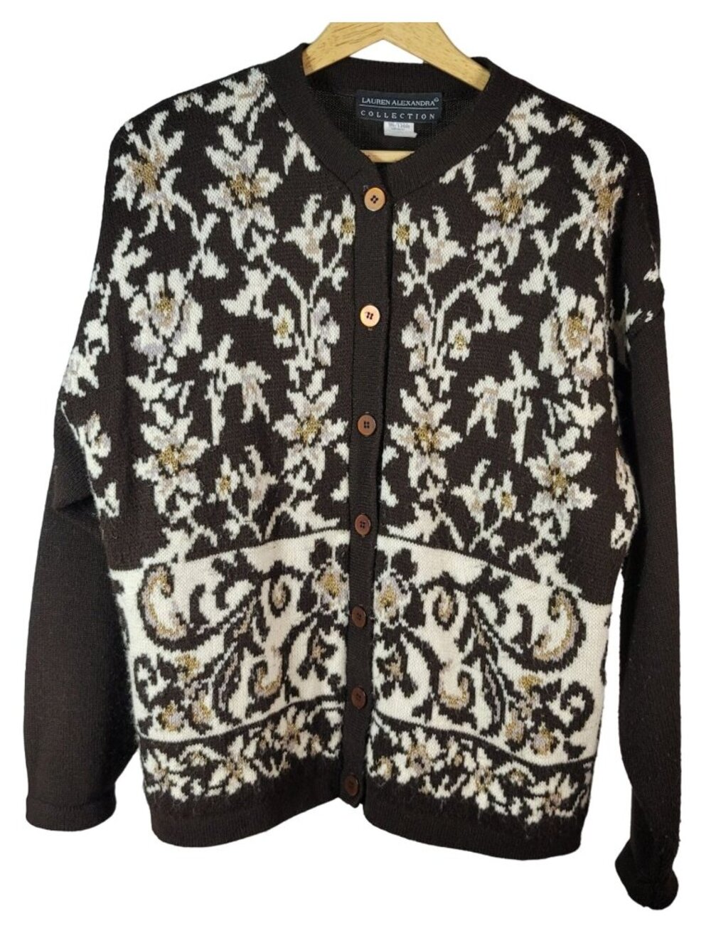 Lauren Alexandra Button Cardigan Sweater Brown Large Floral Gold Fleck USA VTG